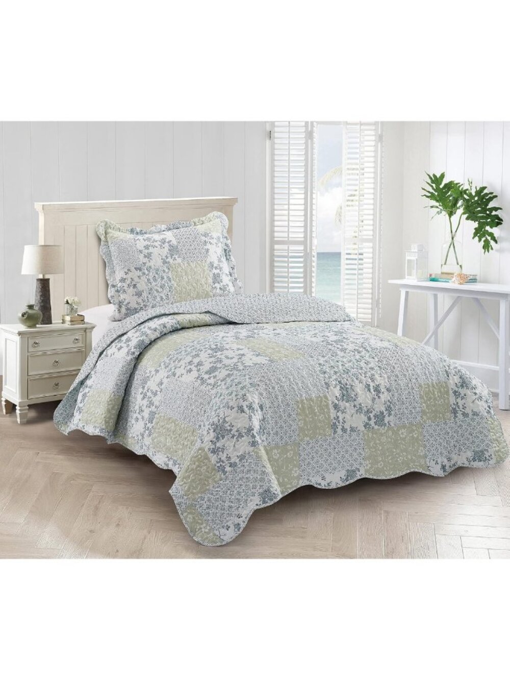 Reversible Twin Quilt Set - Multi Blue Beige Floral Patchwork, Soft Lightweight